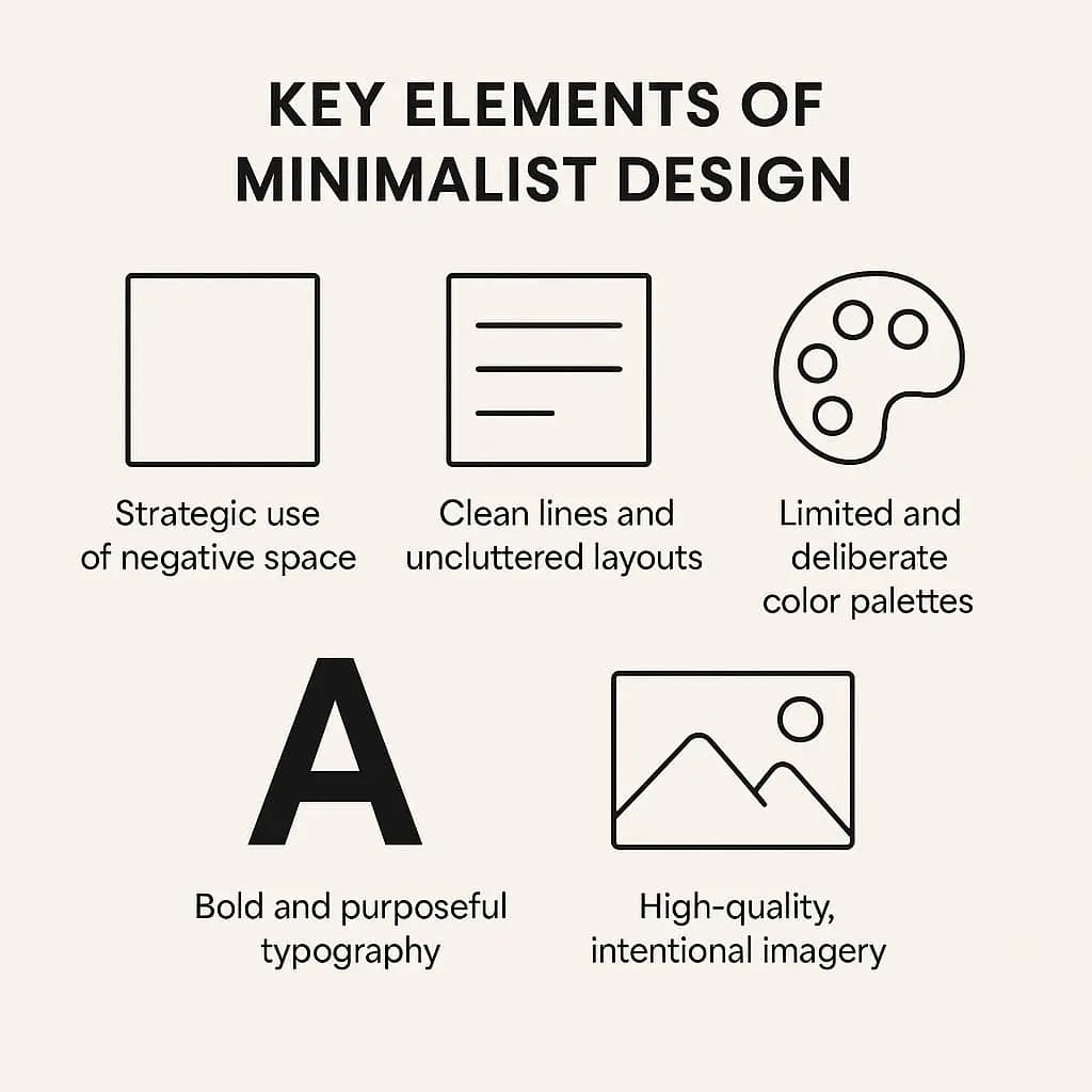 Subtle Impressions: How Negative Space Guides Us 2 Infographic showing five key elements of minimalist design: strategic use of negative space represented by empty square, clean lines and uncluttered layouts shown with text lines, limited color palettes illustrated by artist palette, bold typography displayed with large letter A, and high-quality imagery represented by mountain landscape icon.
