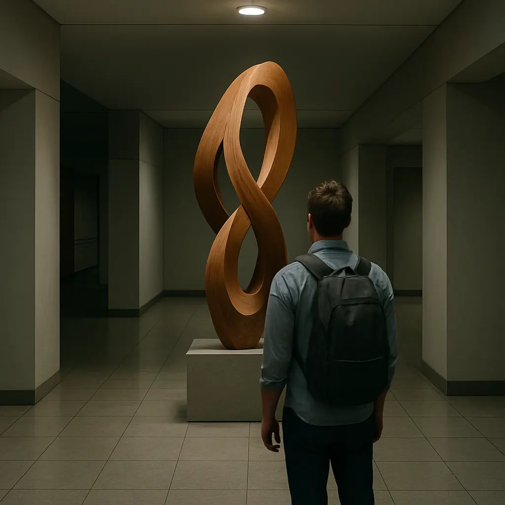 Pathway Pointers: Designing for Clear Spatial Identity 3 Man pausing in a modern corridor to look at a large, curved wooden sculpture that serves as an effective landmark and pathway pointer.