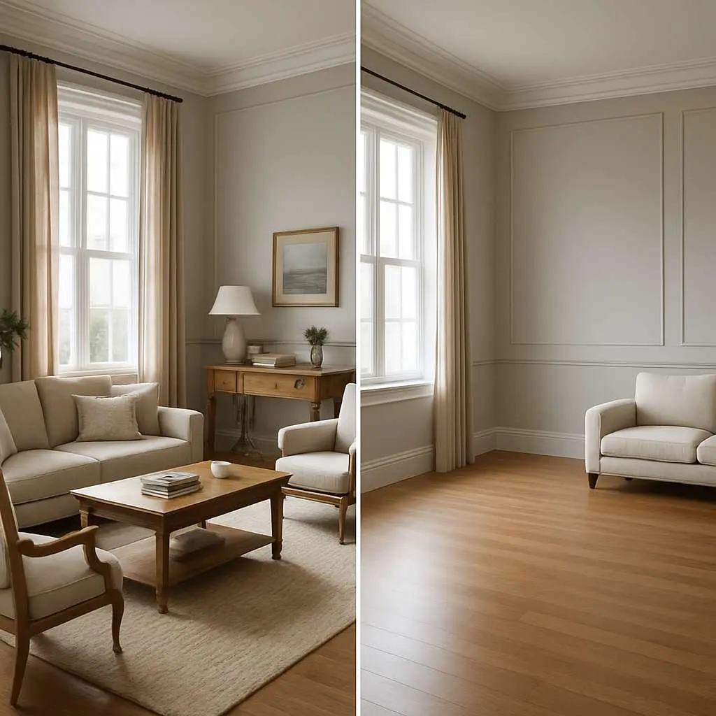 Split-screen comparison of same living room showing cluttered arrangement with multiple furniture pieces on left versus minimalist design with strategic negative space and fewer elements on right, demonstrating power of emptiness in interior design.