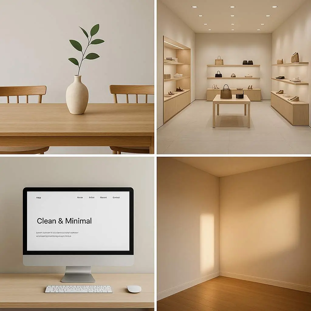 The Power of Emptiness: Mastering Negative Space 6 Four-panel collage showing practical applications of negative space: dining table with single centerpiece, minimalist retail store layout, clean website interface, and empty room with natural lighting effects.