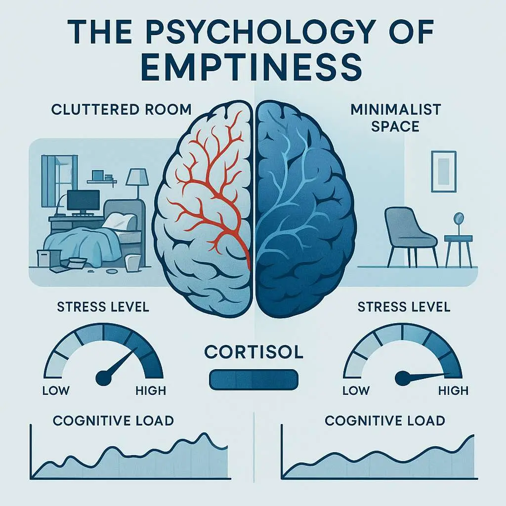 The Power of Emptiness: Mastering Negative Space 1 Split-screen infographic showing brain comparison between cluttered room with red neural pathways versus minimalist space with calm blue patterns, including stress level meters and cognitive load graphs for negative space psychology.