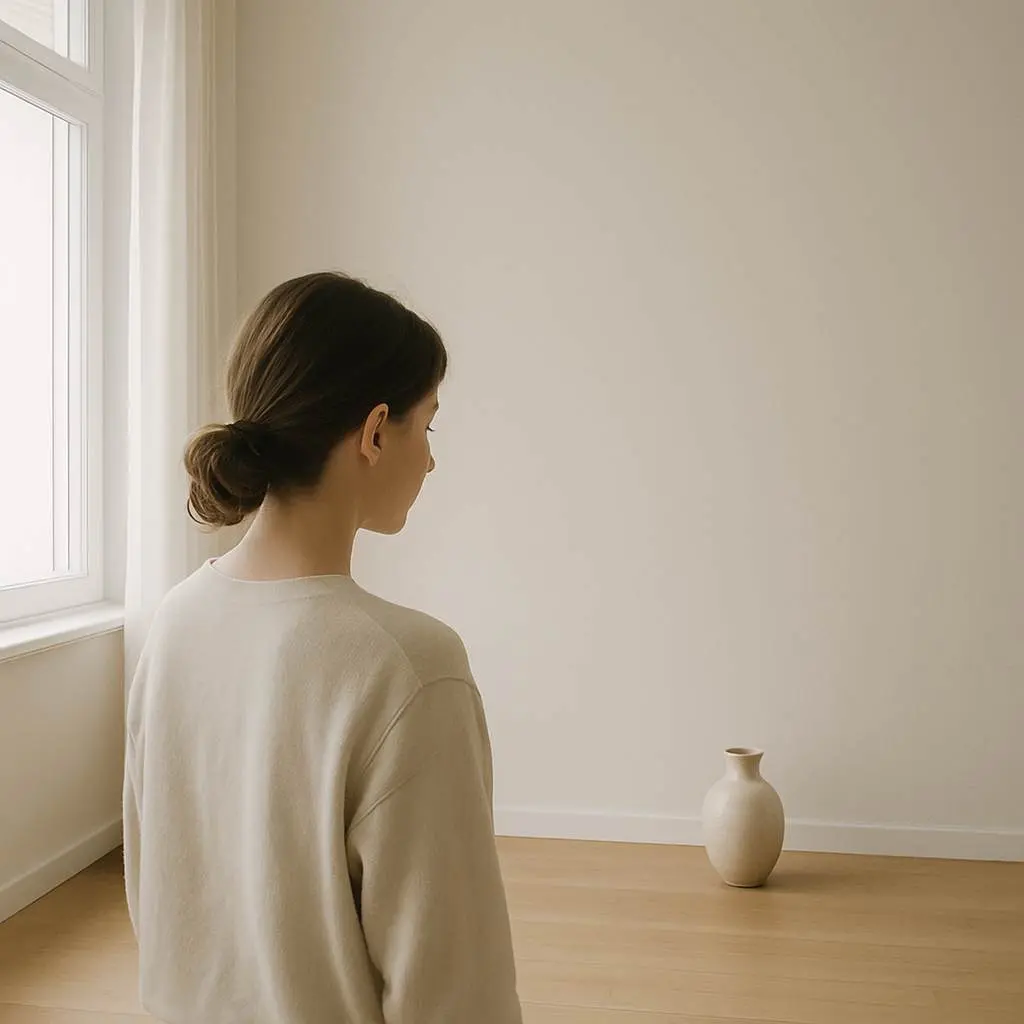 Subtle Impressions: How Negative Space Guides Us 1 Woman in beige sweater standing in bright minimalist room with white walls and wooden floor, looking toward single ceramic vase positioned with ample negative space, demonstrating how empty space naturally draws attention and creates focal points.