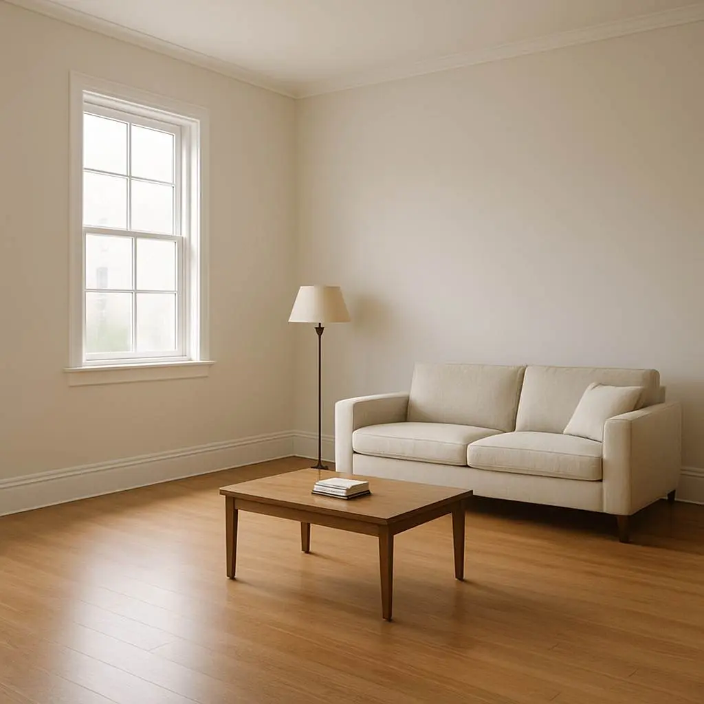 The Power of Emptiness: Mastering Negative Space 2 Minimalist living room with beige sofa, wooden coffee table, and floor lamp positioned with abundant negative space around each piece, demonstrating spatial balance through strategic emptiness on hardwood floors.