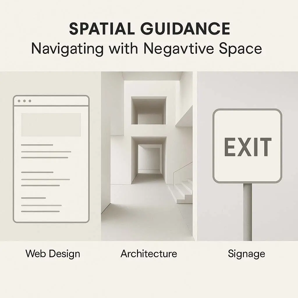 Subtle Impressions: How Negative Space Guides Us 3 Three-panel infographic showing spatial guidance applications: web design with clean webpage layout, architecture featuring minimalist white interior with geometric openings, and signage displaying simple EXIT sign with ample white space around text