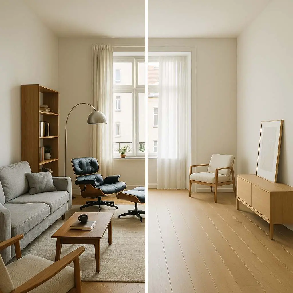 Split-screen comparison of modern living room showing cluttered furniture arrangement on left versus minimalist design with ample negative space on right, featuring gray sofa, wooden furniture, and strategic spacing that demonstrates how negative space guides movement and creates calm atmosphere.