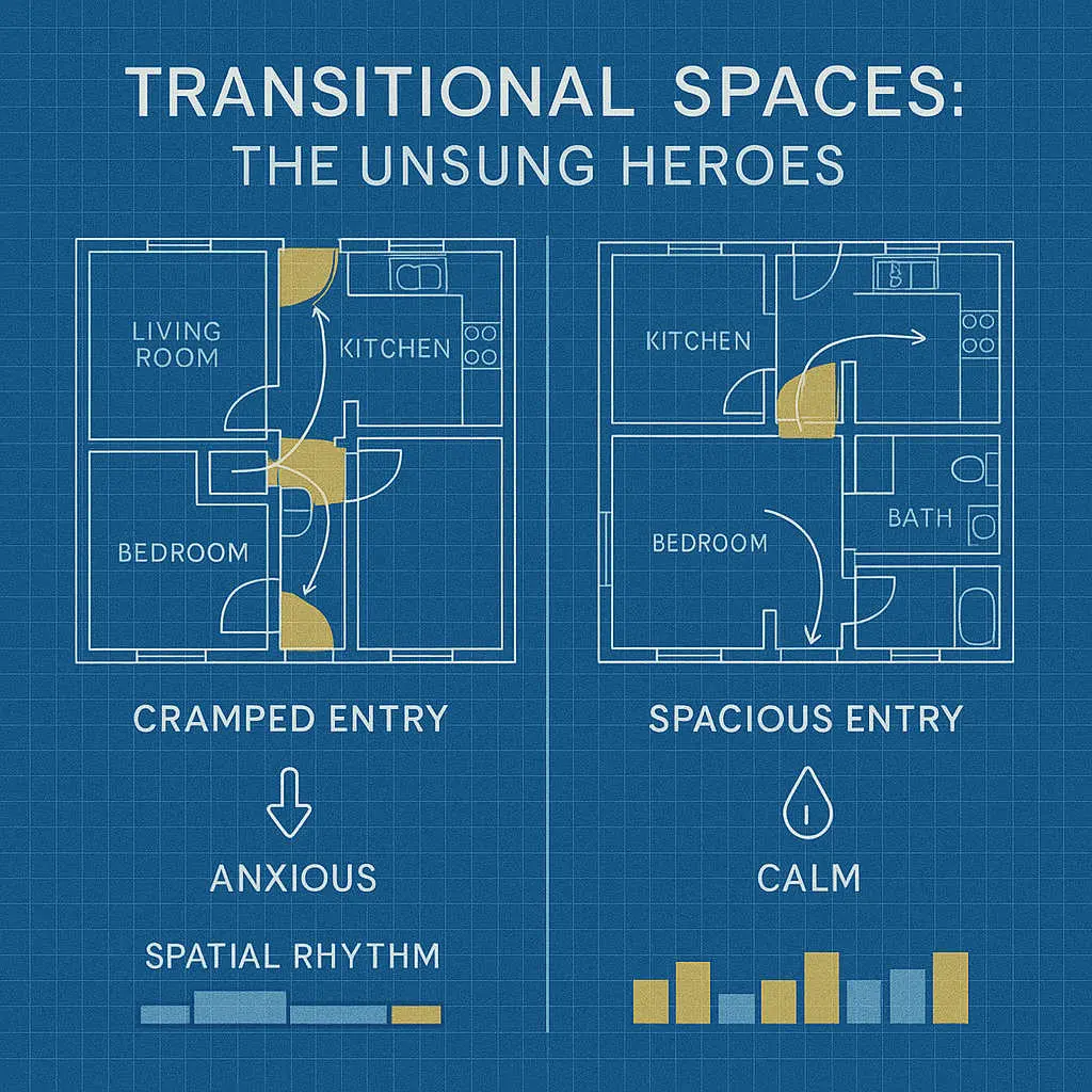 The Power of Emptiness: Mastering Negative Space 4 Architectural blueprint showing two floor plan comparisons with highlighted transition zones, movement flow arrows, and psychological state indicators demonstrating the importance of transitional spaces in home design.