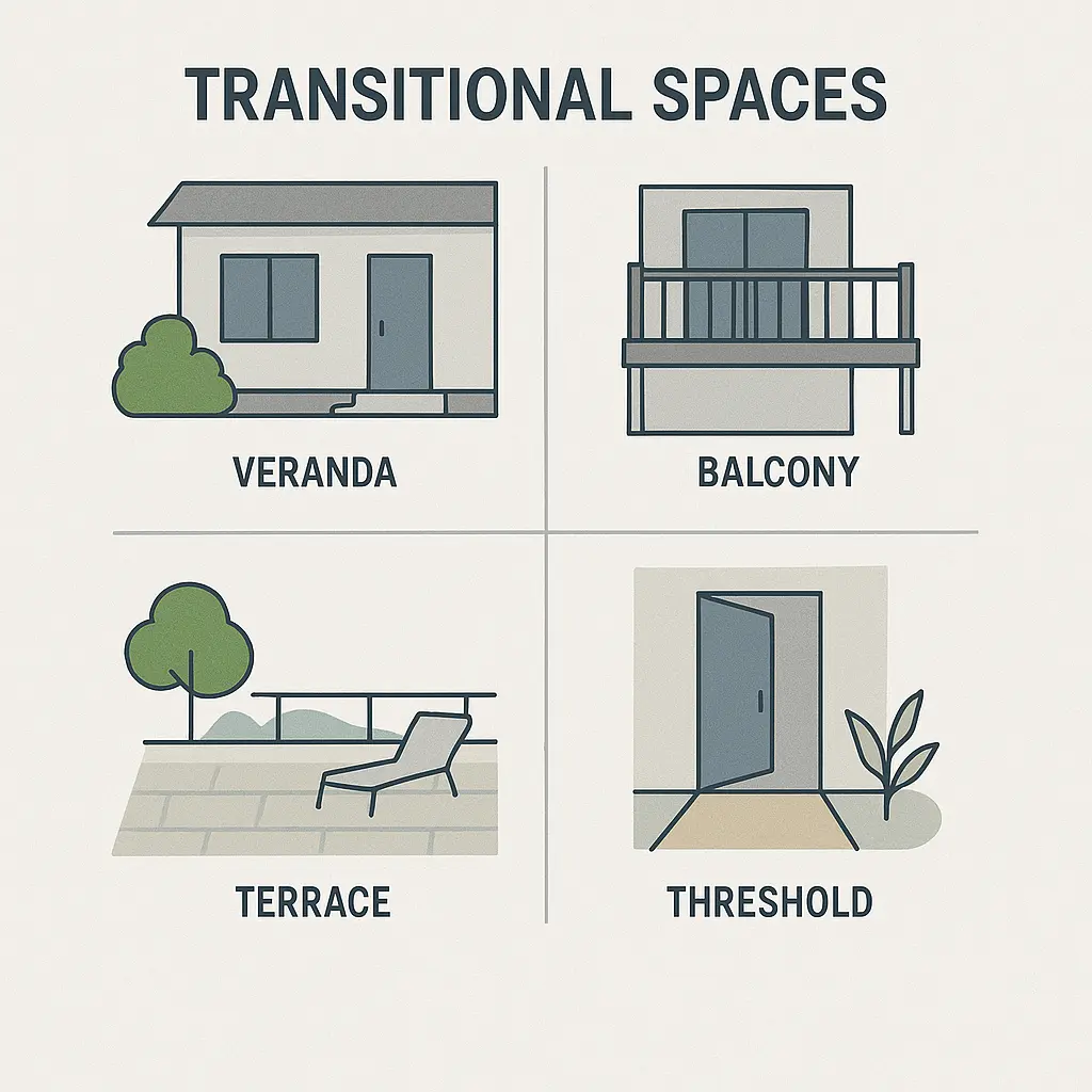 Pathway Pointers: Designing for Clear Spatial Identity 4 Infographic showing four types of architectural transitional spaces: a veranda, a balcony, a terrace, and a doorway threshold.