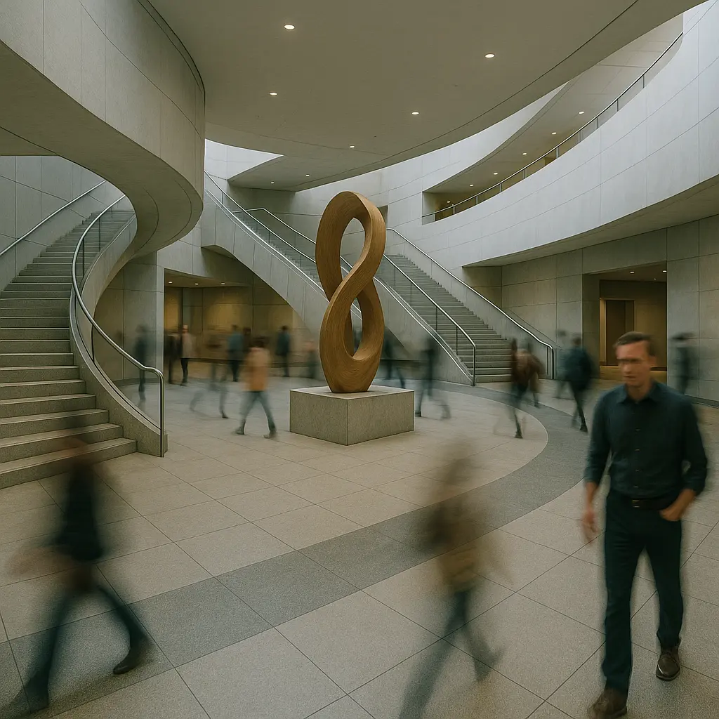 Pathway Pointers: Designing for Clear Spatial Identity 1 Long-exposure photo of a multi-level atrium showing blurred human movement flowing along curved staircases, guided by the architecture.