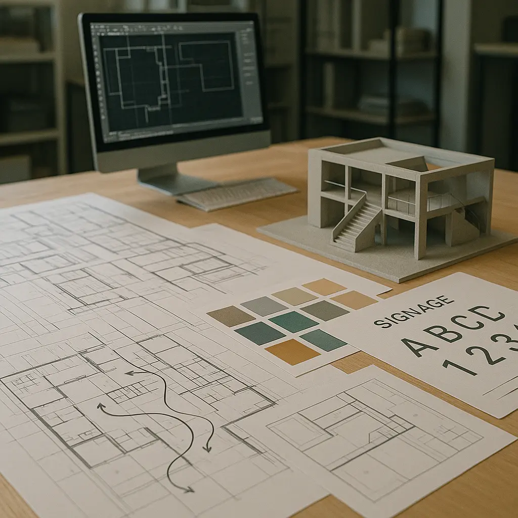 Pathway Pointers: Designing for Clear Spatial Identity 5 A designer's desk with architectural blueprints, a 3D model, color swatches, and typography samples for a wayfinding design strategy.