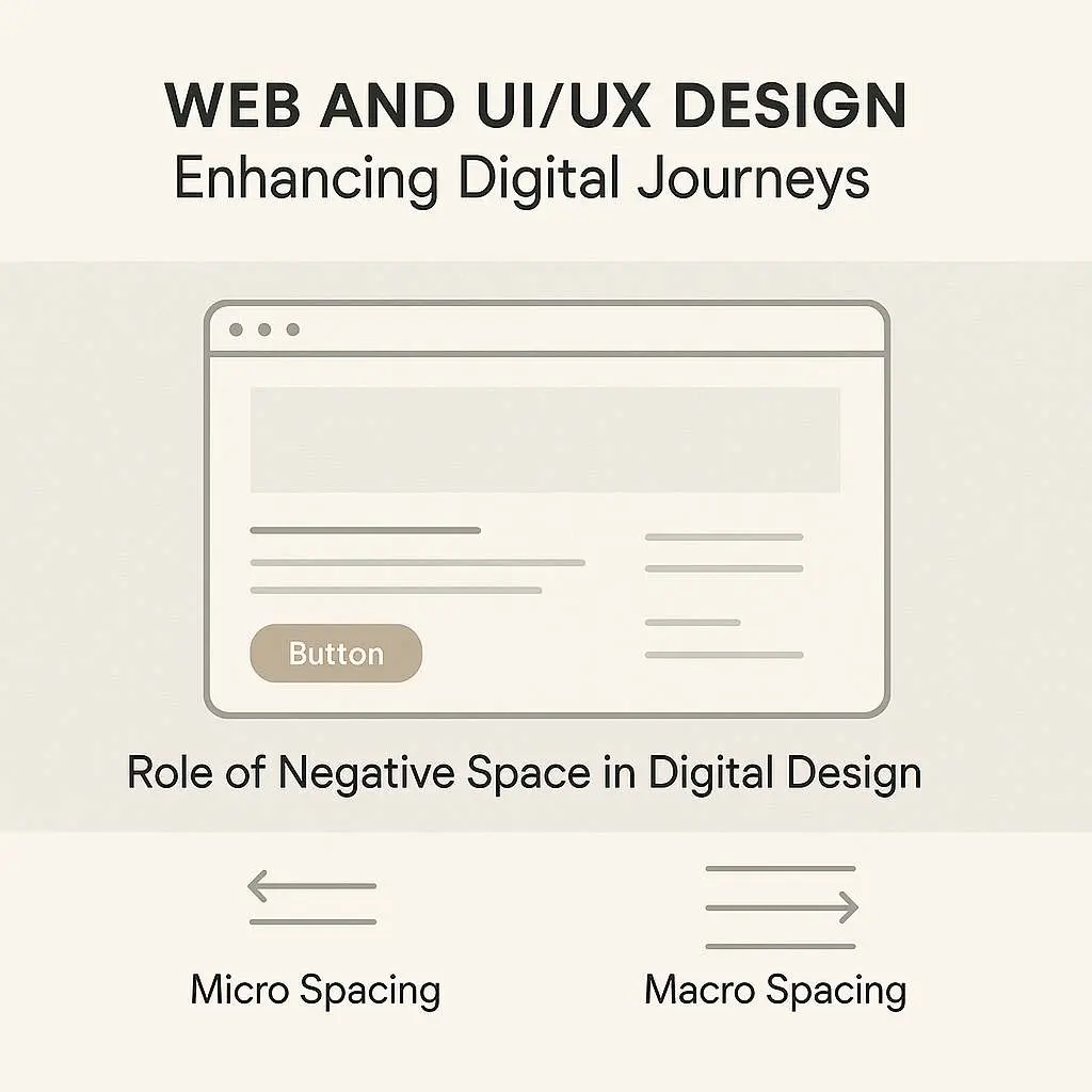 Subtle Impressions: How Negative Space Guides Us 5 Digital design infographic showing browser window with clean layout featuring ample white space, highlighted call-to-action button, and demonstration of micro spacing versus macro spacing principles in web interface design.